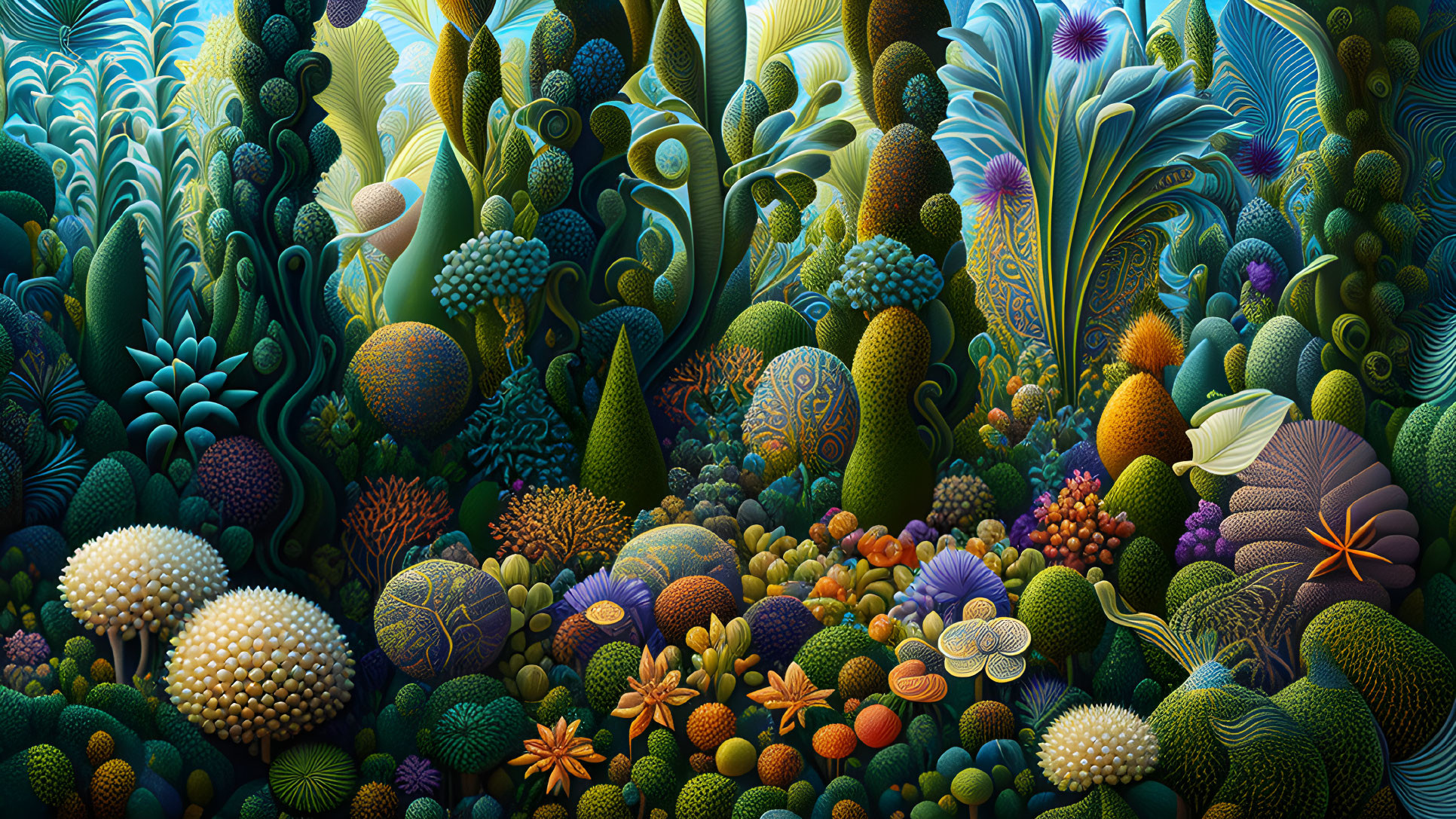 Detailed Digital Artwork: Fantastical Plants in Lively Jungle