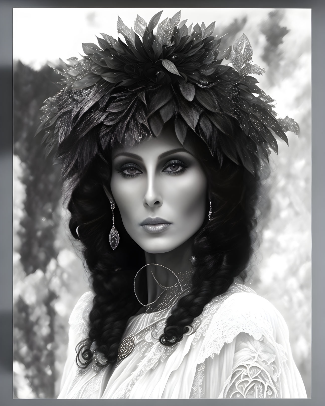 Monochrome portrait of woman with leafy headdress and lace dress