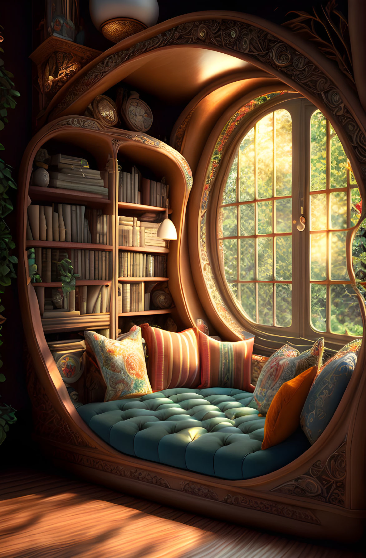 Cozy reading nook with plush cushions and bookshelves by round window