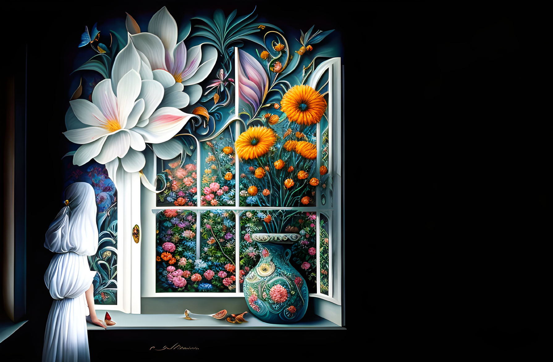 Woman in White Dress Viewing Floral Scene Through Window