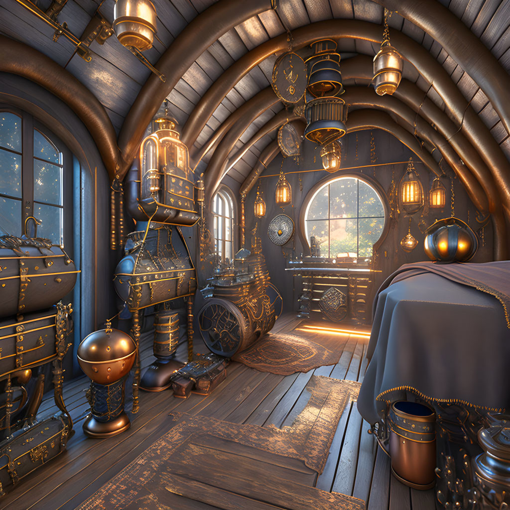 Steampunk-inspired interior with brass and wood furnishings