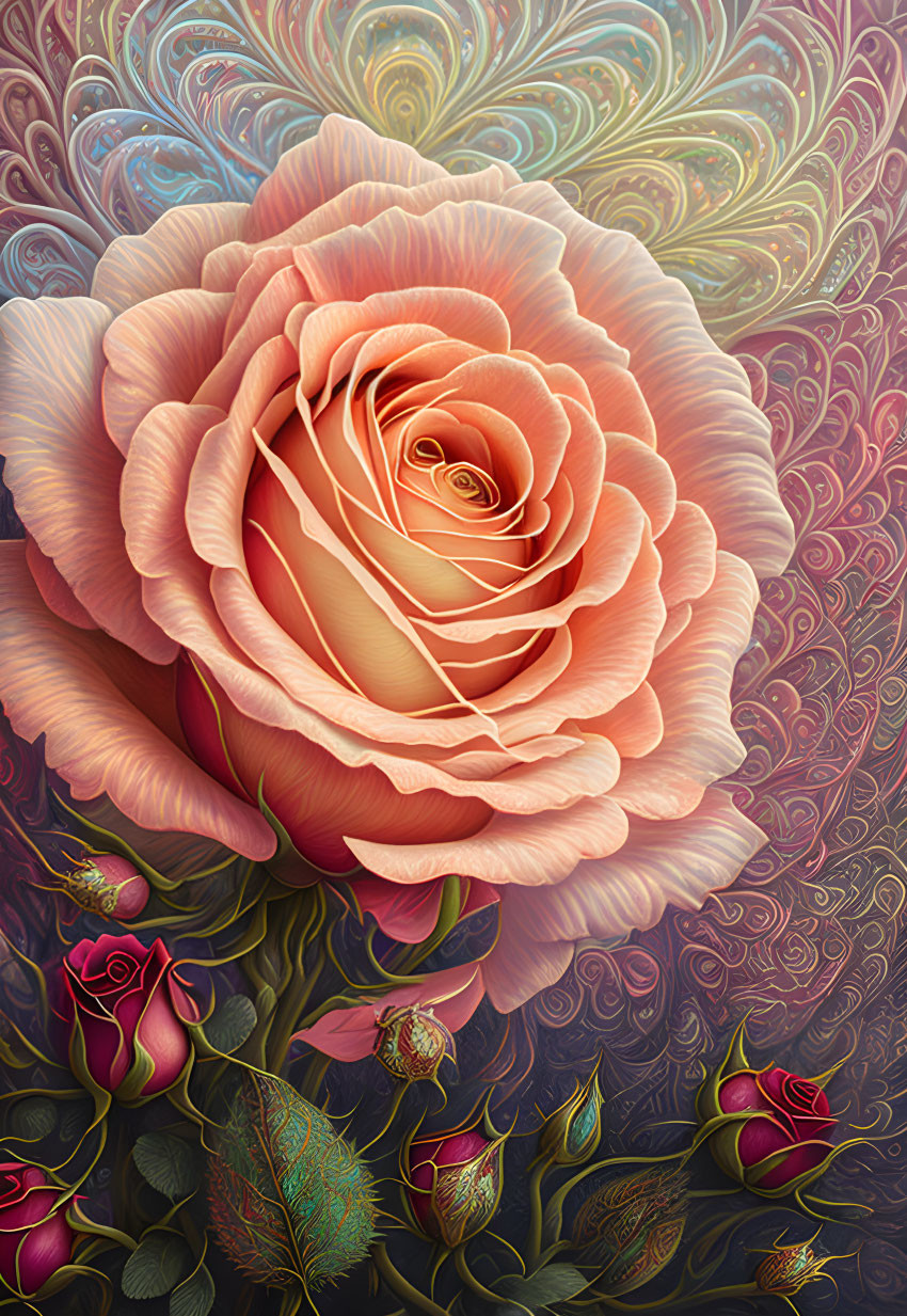 Detailed Large Pink Rose Illustration with Smaller Roses and Textured Background