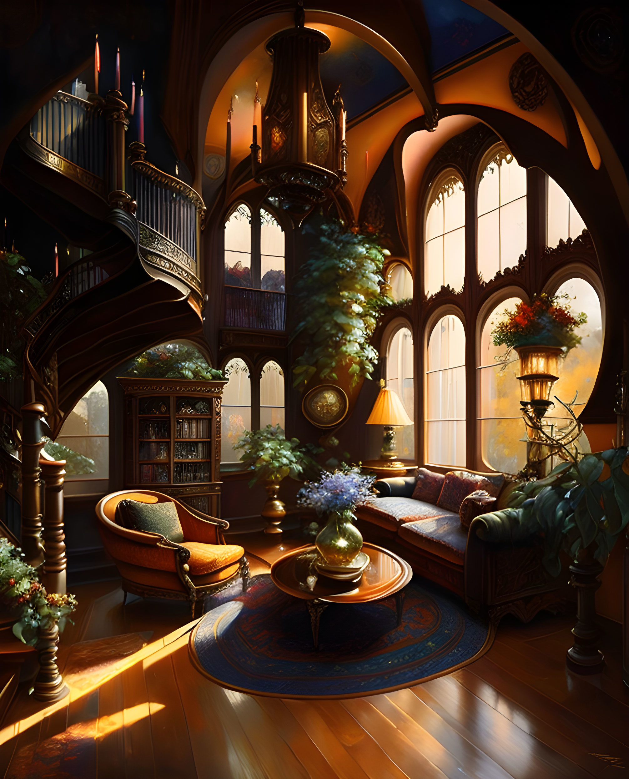 Luxurious library with grand window, sunlight, plants, sofa, armchair, and spiral staircase