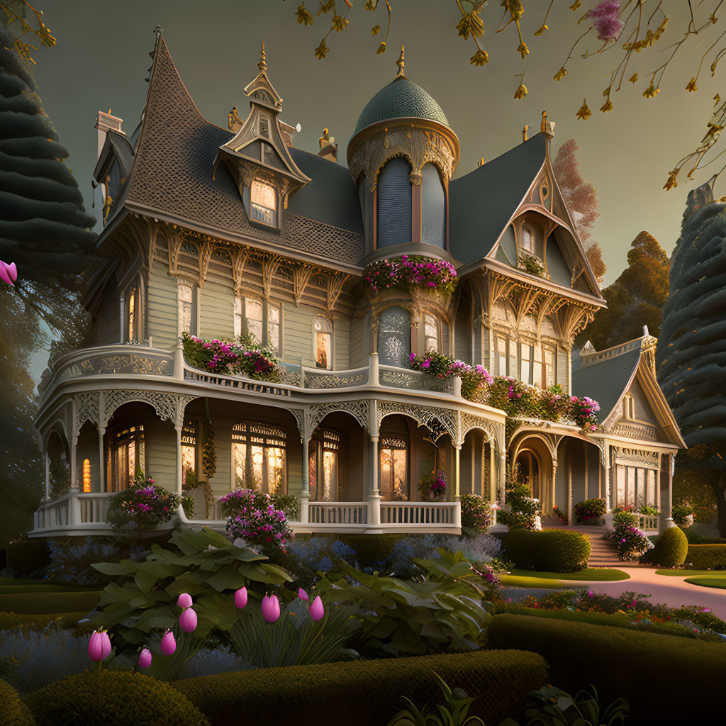 Victorian house at twilight with lush gardens and pink flowers