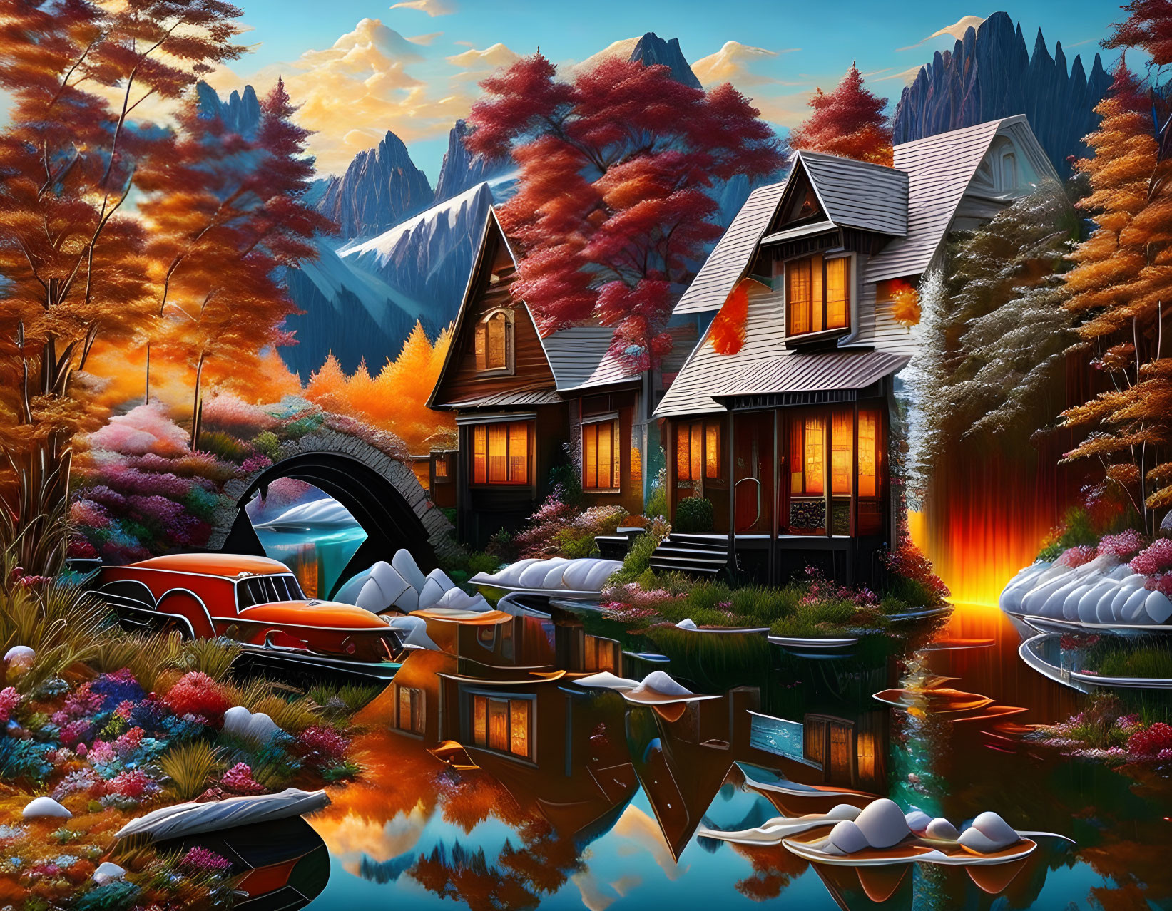 Colorful Fantasy Landscape with A-Frame Houses, Waterfall, Lake, Boats, and Mountains