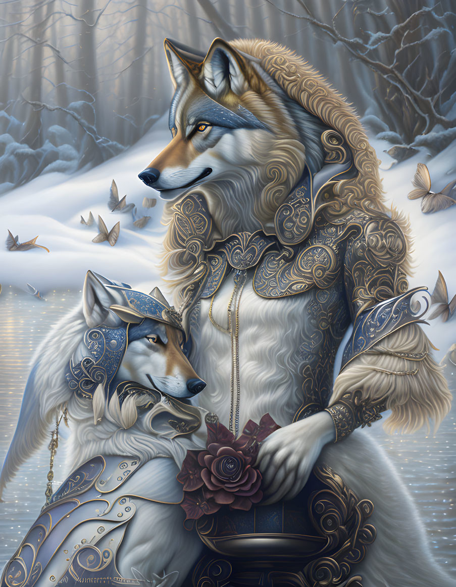 Elaborate blue and gold-armored anthropomorphic wolf embraces another in snowy forest.