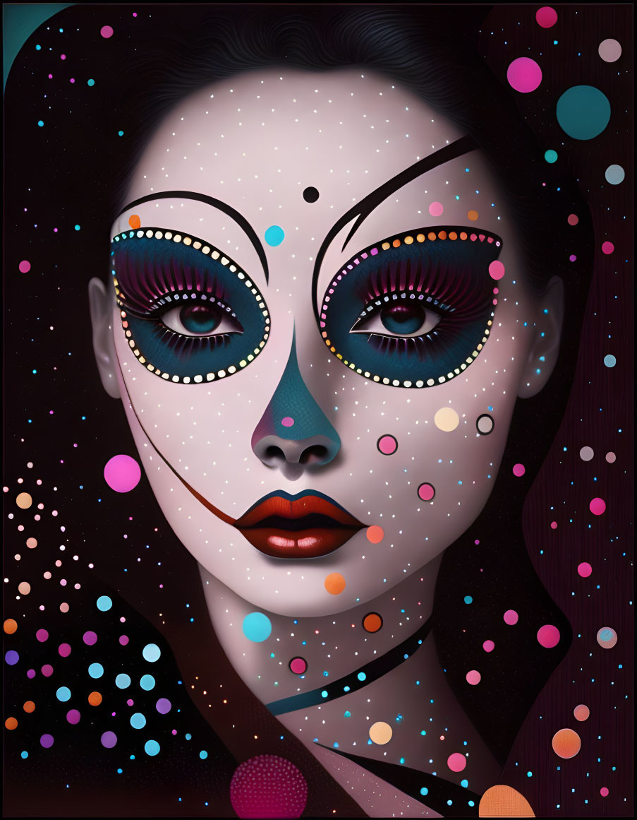 Vibrant portrait of a woman with exaggerated makeup against cosmic backdrop