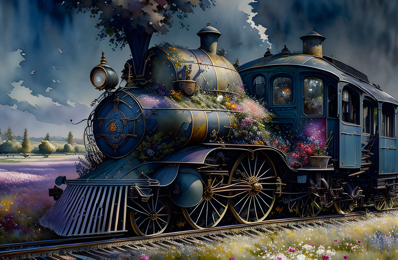 Vintage steam locomotive in lavender field with colorful flowers and birds.