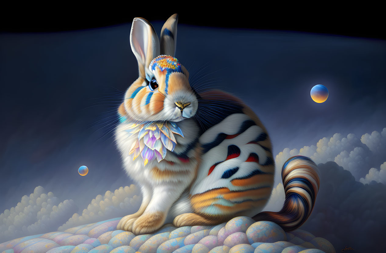 Colorful patterned rabbit with flower on head in surreal setting.