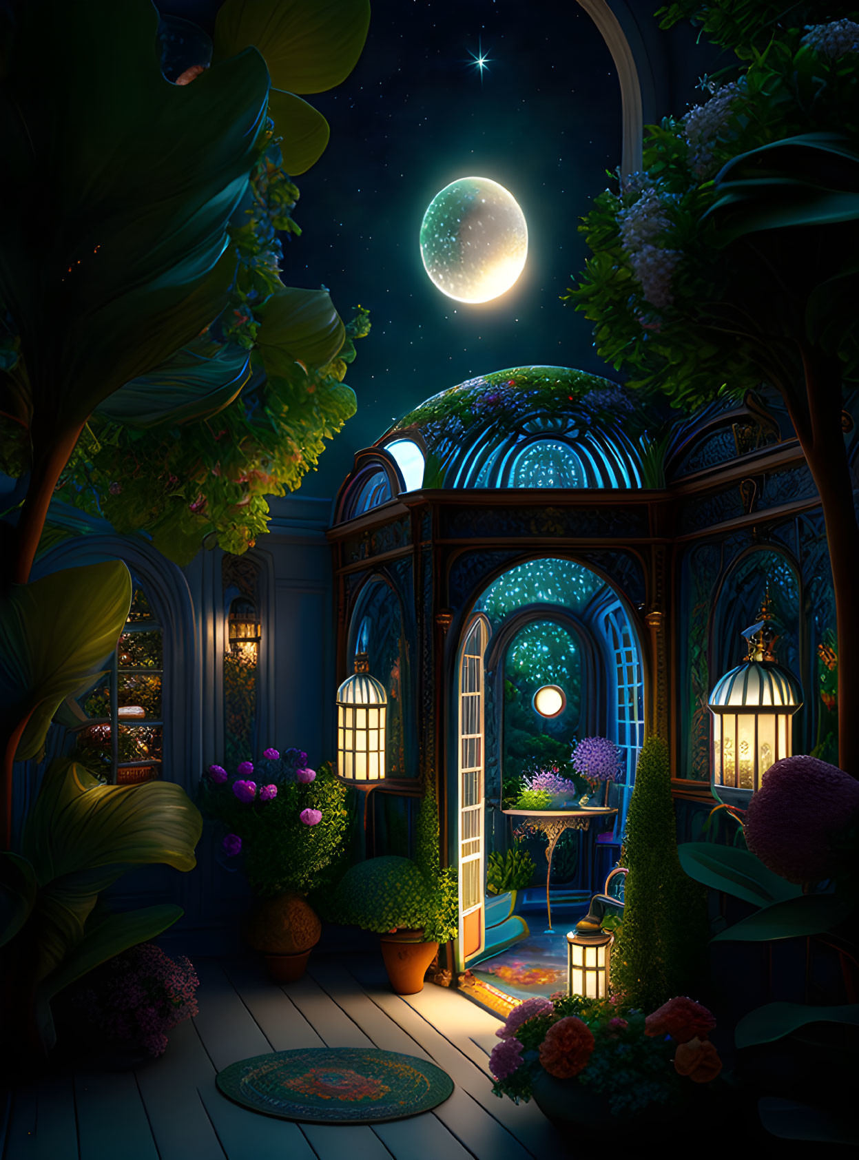 Moonlit greenhouse with lush plants and starry sky view