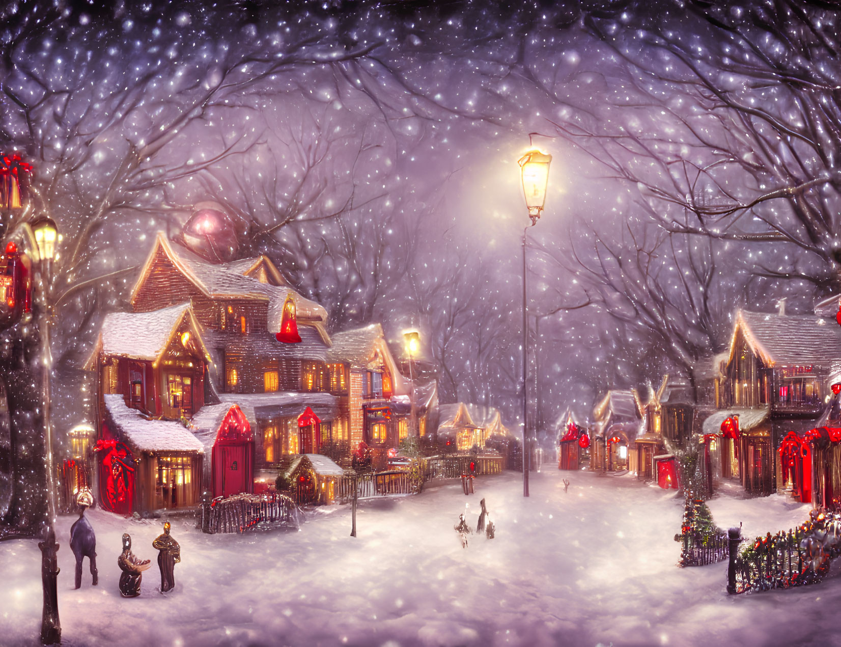 Snowy village scene with festive lights and decorated trees