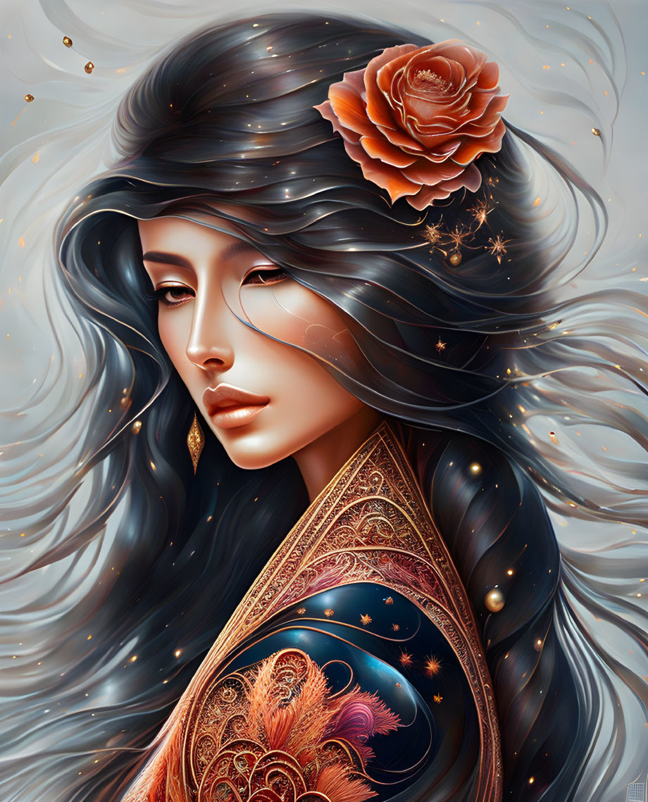 Digital Artwork: Woman with Dark Hair and Orange Flower