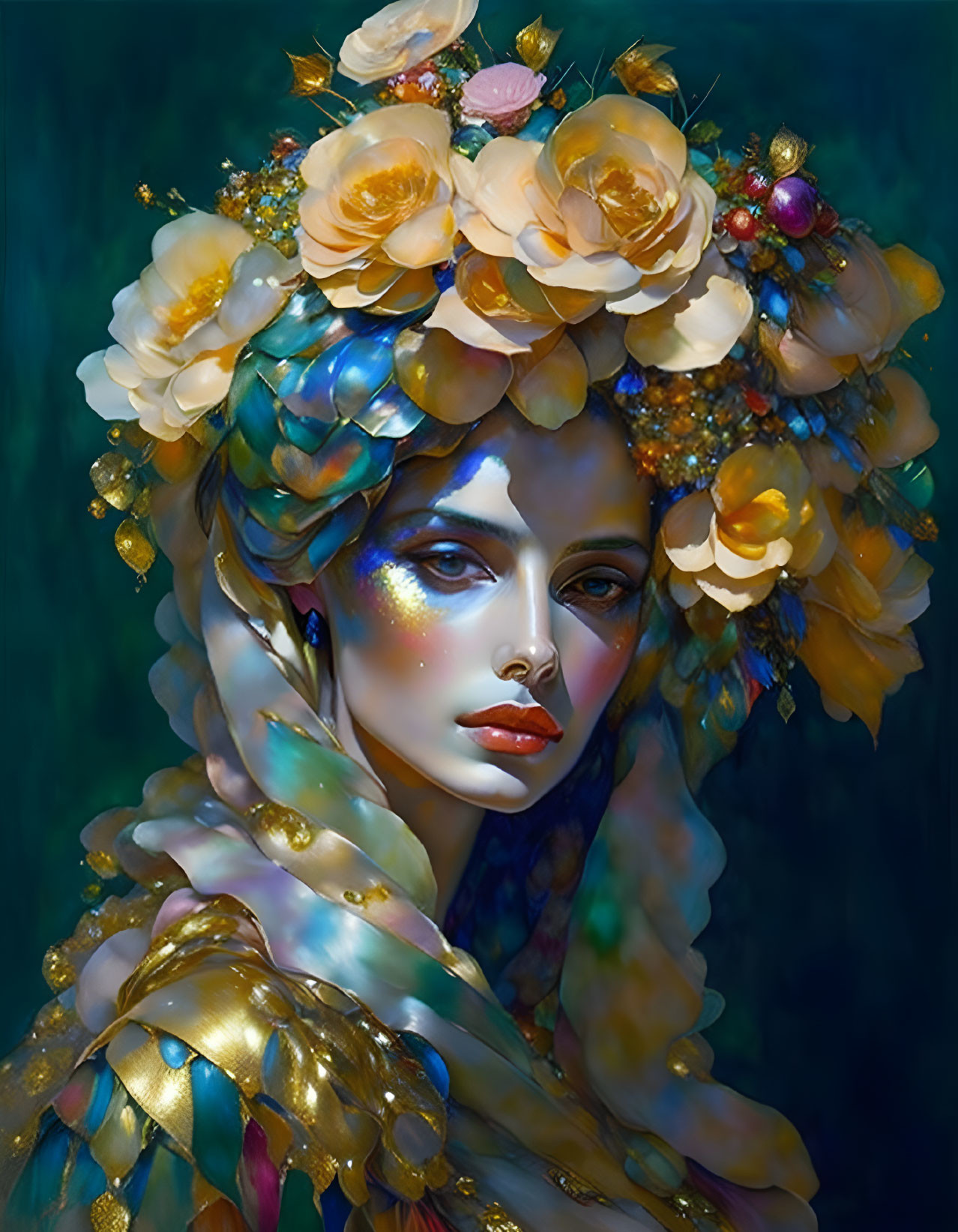 Vibrant blue skin, golden headdress, shimmering cloak