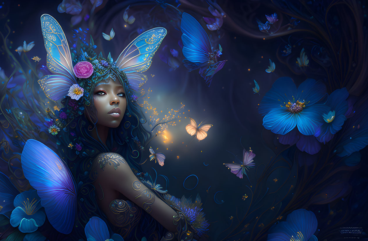 Mystical female figure with butterfly wings and blue flowers.