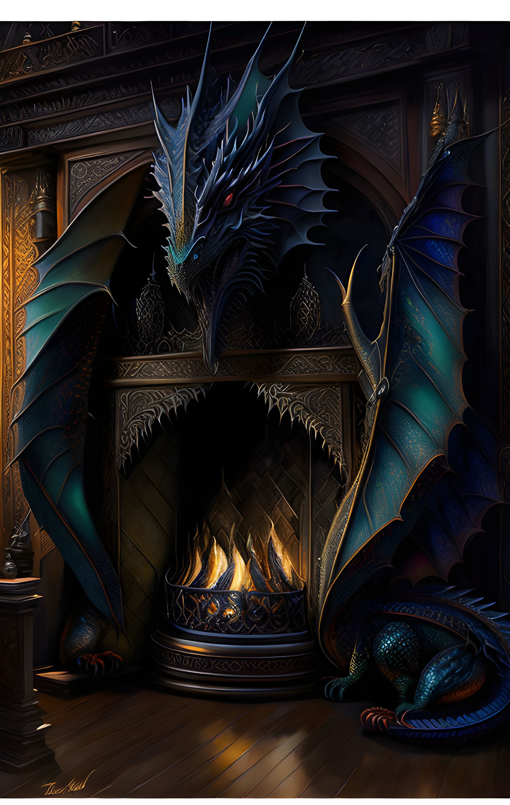 Blue Dragon by Fireplace: Majestic and Magical Setting