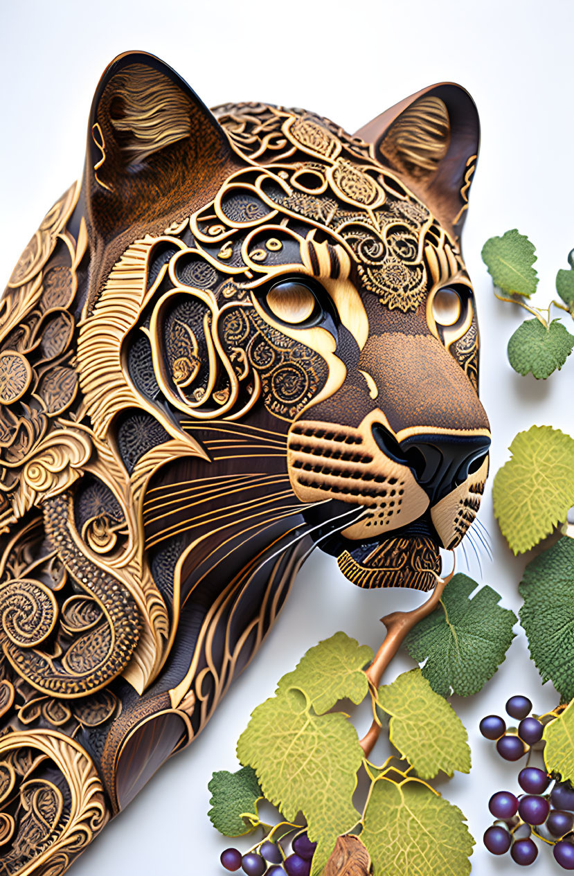 Intricately Carved Wooden Jaguar Head Sculpture with Vine Leaves and Grapes