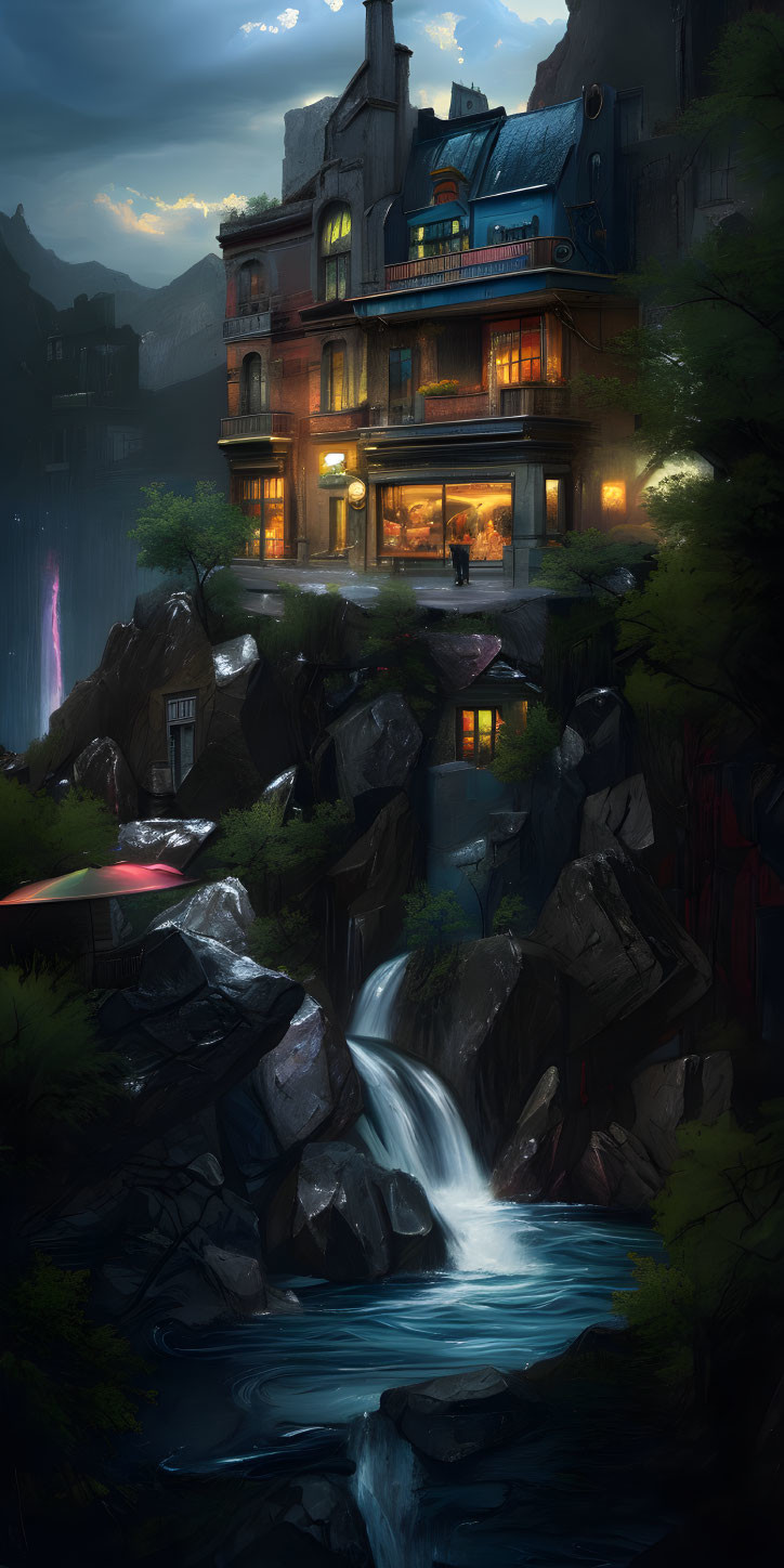 Mountain-side house with waterfall at twilight