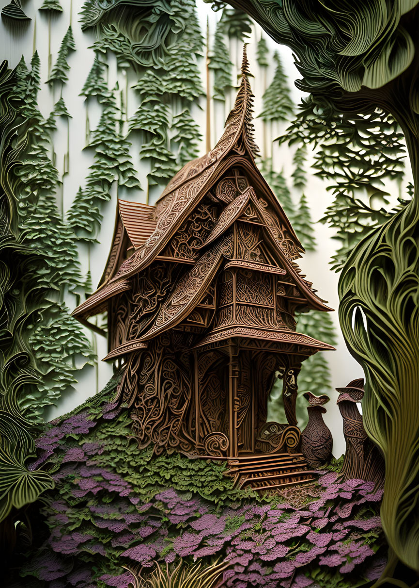 Detailed Wooden Fairy Tale House in Enchanted Forest Scene