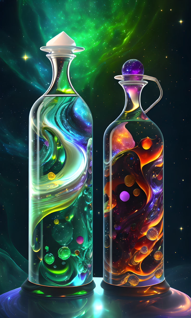 Ornate glass bottles with cosmic patterns and glowing orbs on vibrant nebula backdrop