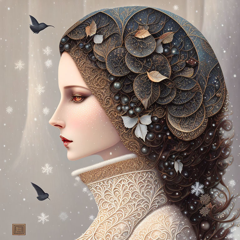 Detailed Portrait of Woman with Ornate Hair, Leaves, Birds, and Snowy Background