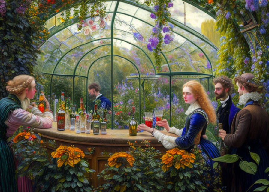 Historical dress individuals conversing at flower-adorned bar in glasshouse