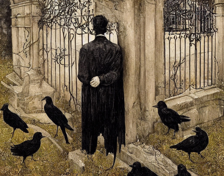 Monochromatic illustration of man by wrought-iron fence with crows and tombstones