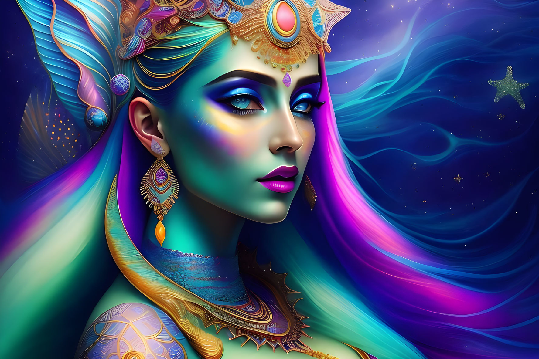 Digital art: Woman with blue skin, gold jewelry, cosmic background