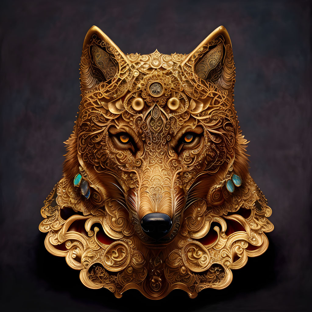 Intricate golden wolf head with gemstone accents on dark backdrop