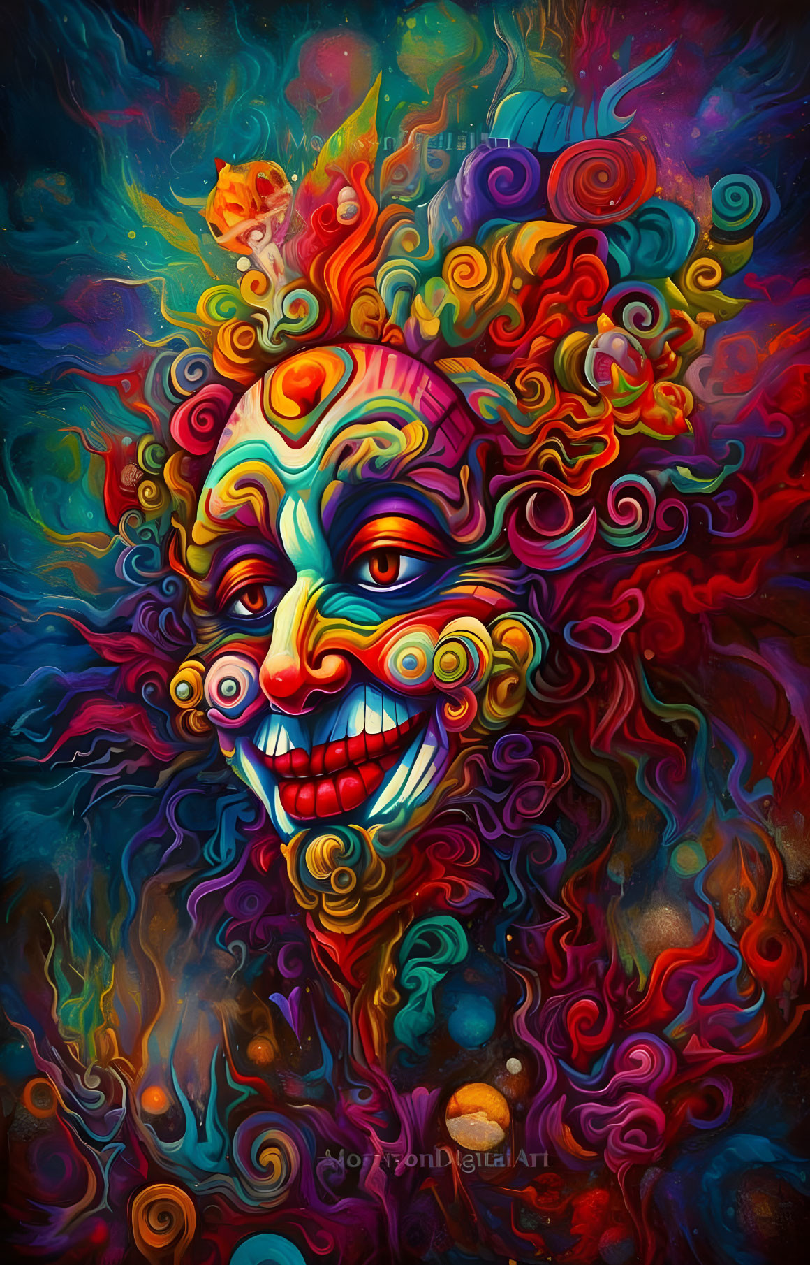 Colorful surreal portrait of a smiling jester with cosmic elements