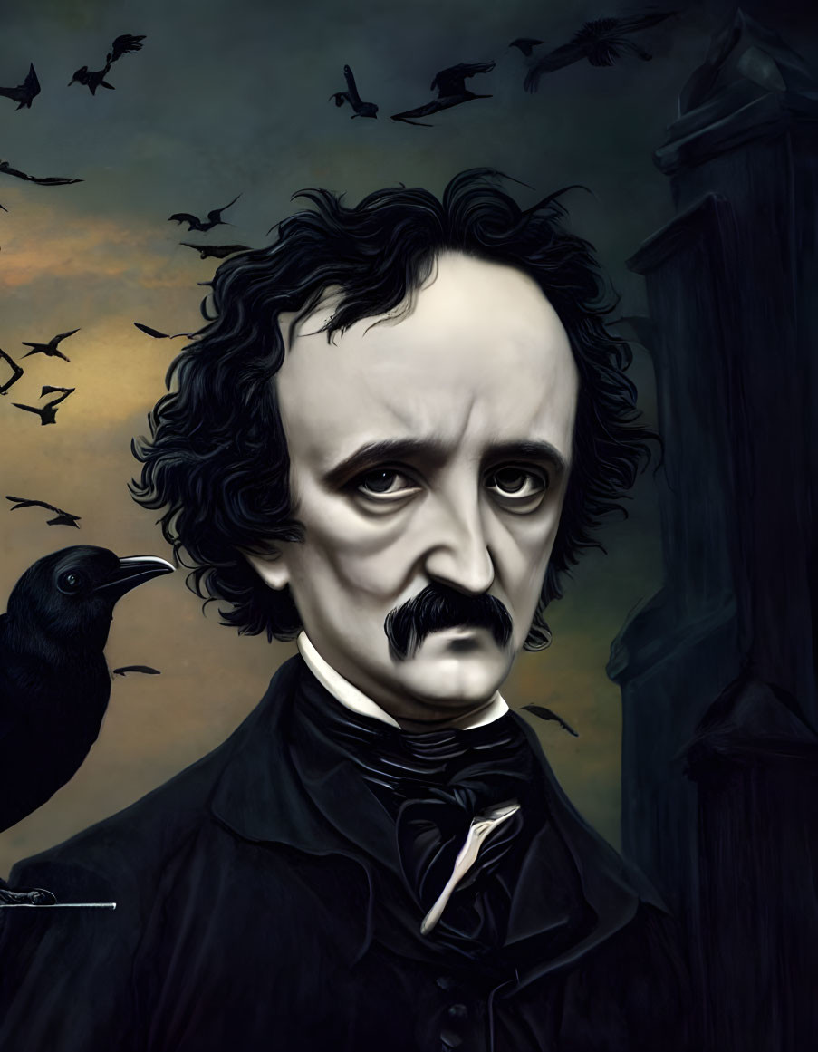 Gothic-themed illustration with Edgar Allan Poe, ravens, and gloomy sky