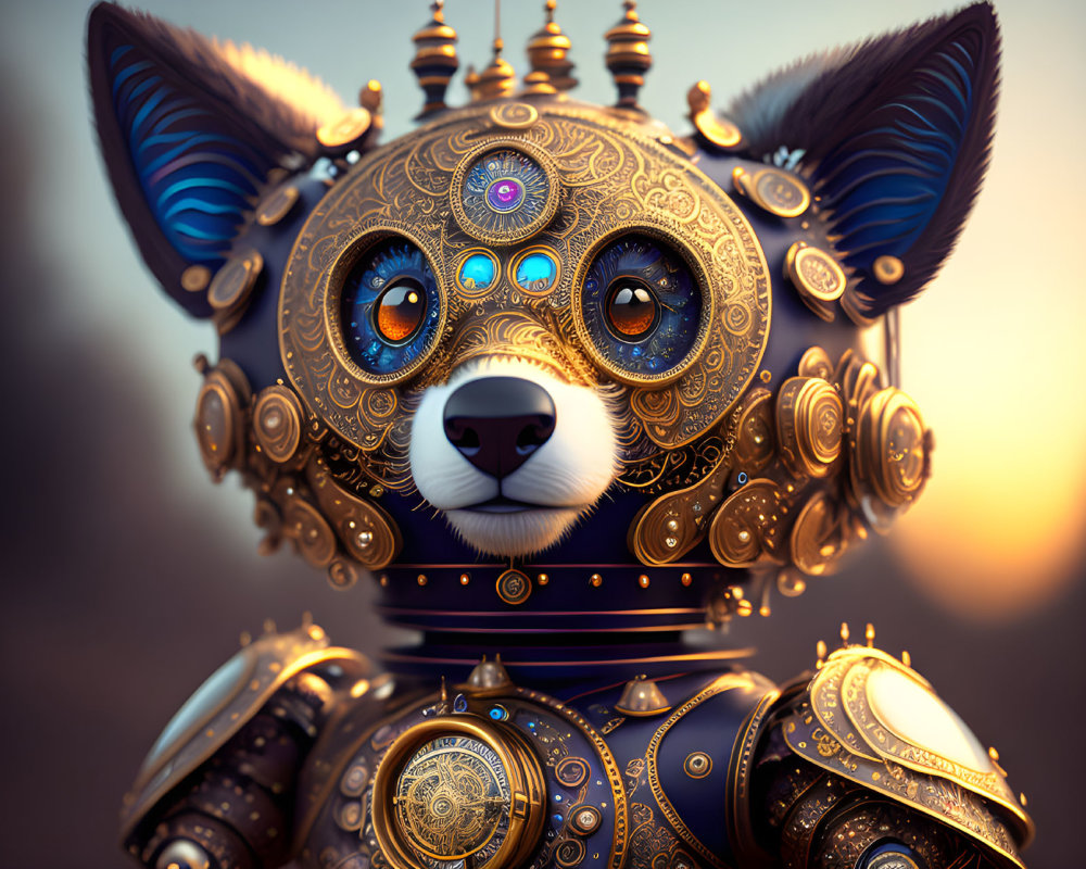 Detailed steampunk mechanical dog with glowing blue eyes on sunset background