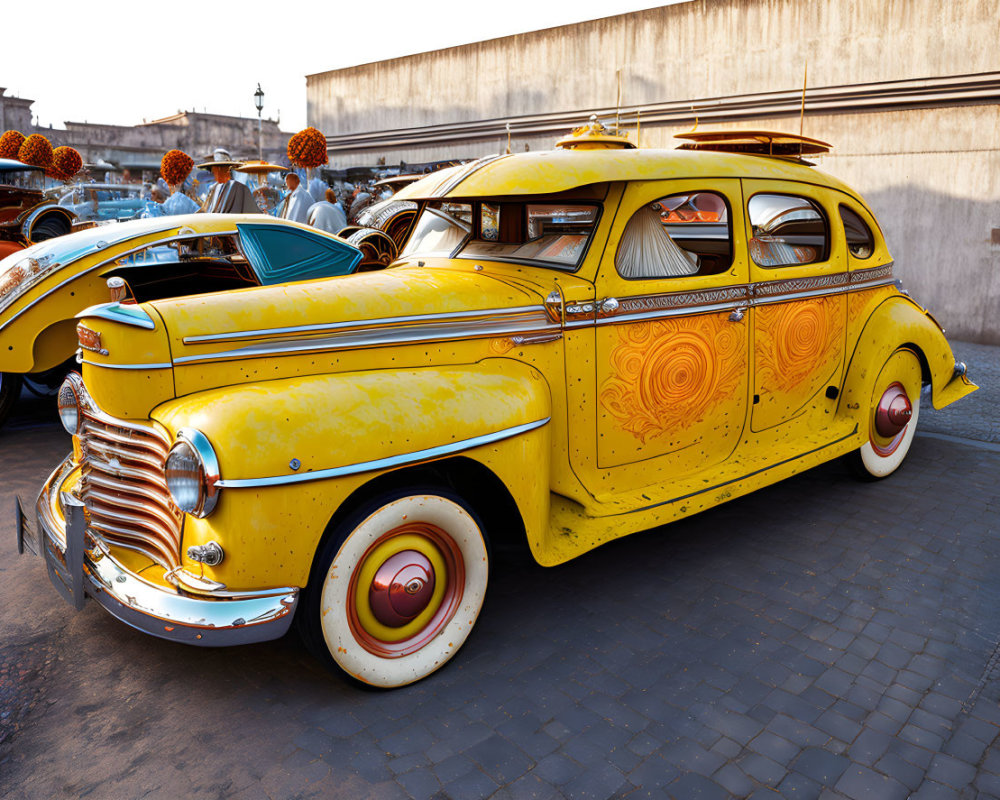 Vintage Yellow Car with Custom Flame Artwork and Wood Paneling at Classic Car Show