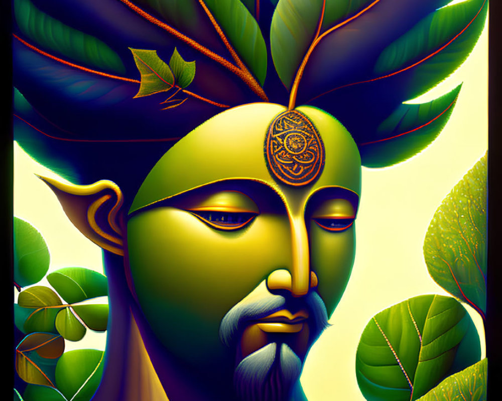 Vibrant artwork featuring stylized face with leaf motifs and organic elements