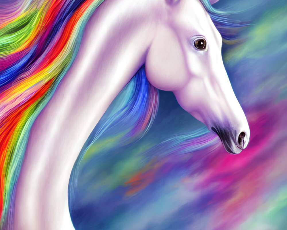 Colorful Digital Illustration: White Unicorn with Rainbow Mane