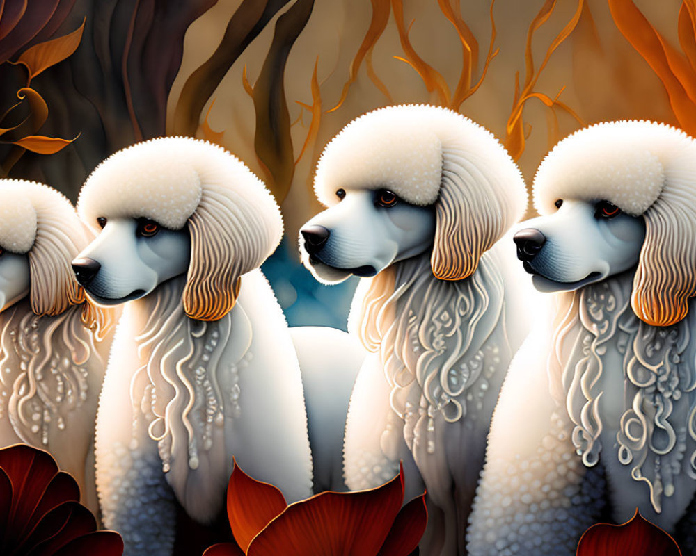 Stylized white poodles against autumn leaves background