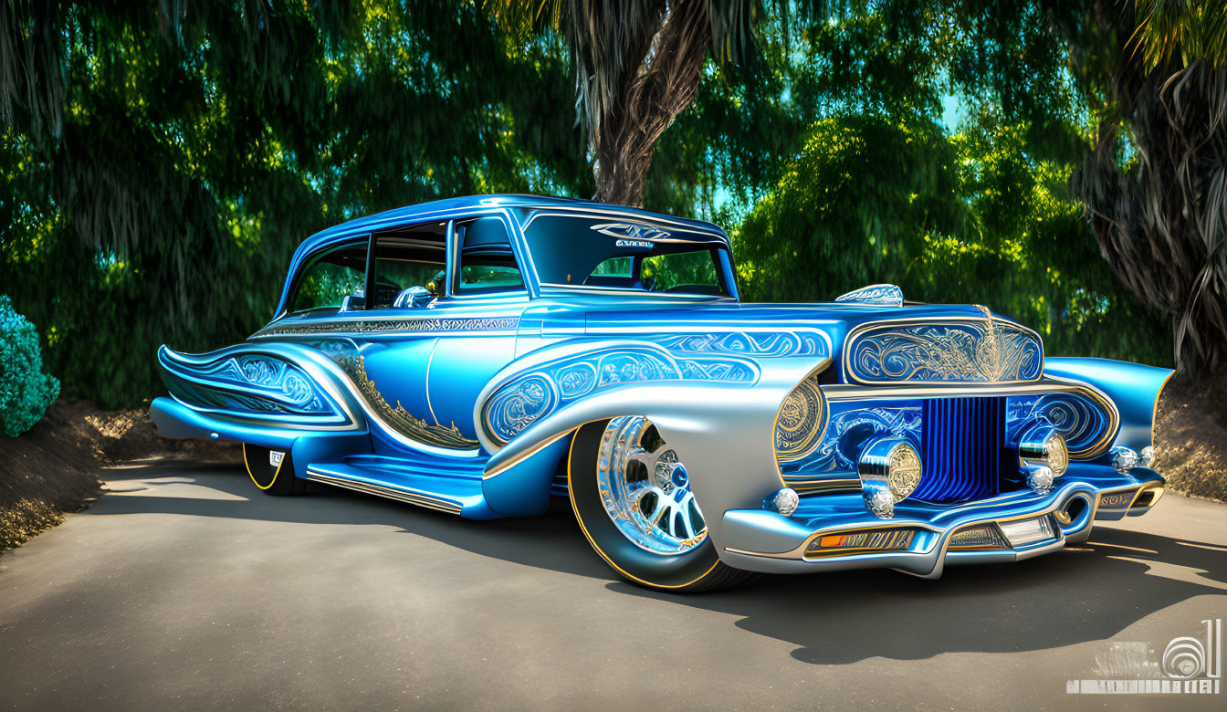 Vintage Car with Blue and Silver Designs, Chrome Details, and White-Wall Tires Parked Under