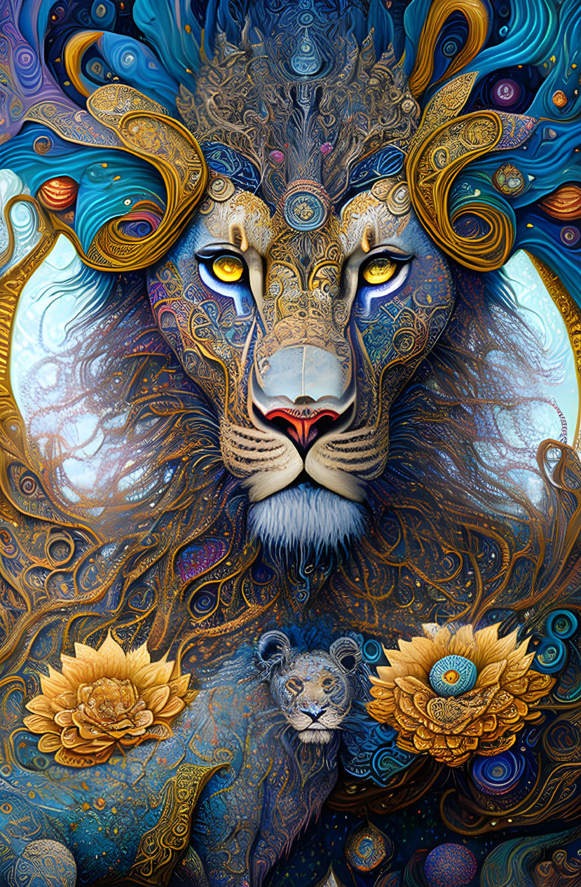 Detailed ornate lion illustration in vibrant blues, golds, and floral motifs