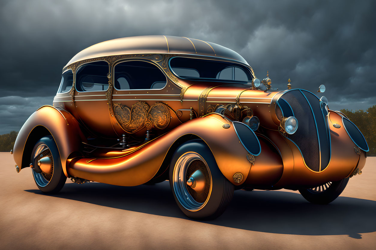 Vintage Car with Elaborate Designs and Golden-Brown Body Against Cloudy Sky