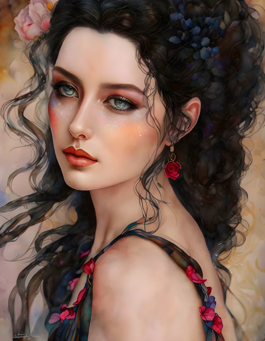 Detailed digital portrait of woman with green eyes and floral accessories