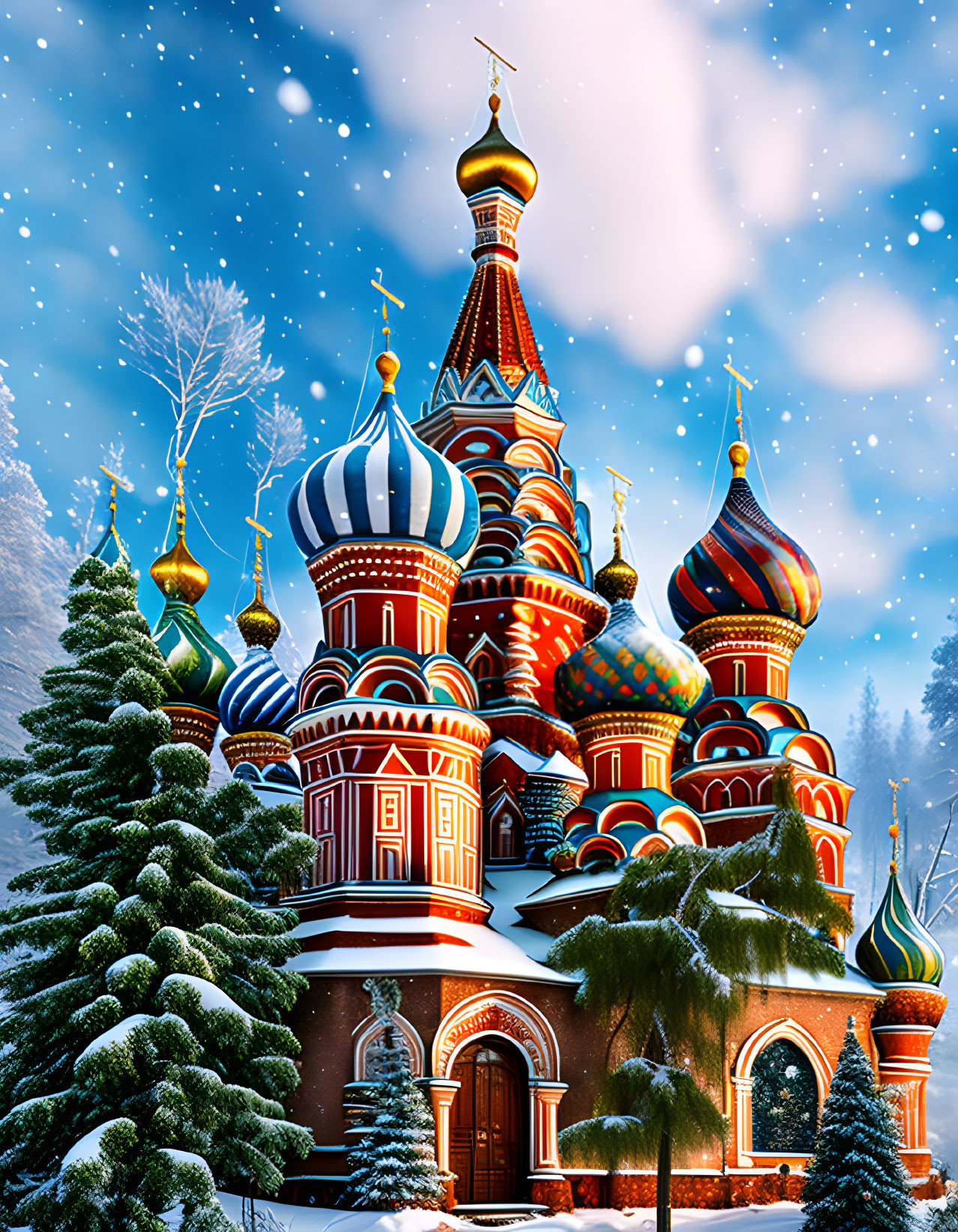 Vibrant St. Basil's Cathedral in Snowy Twilight Landscape