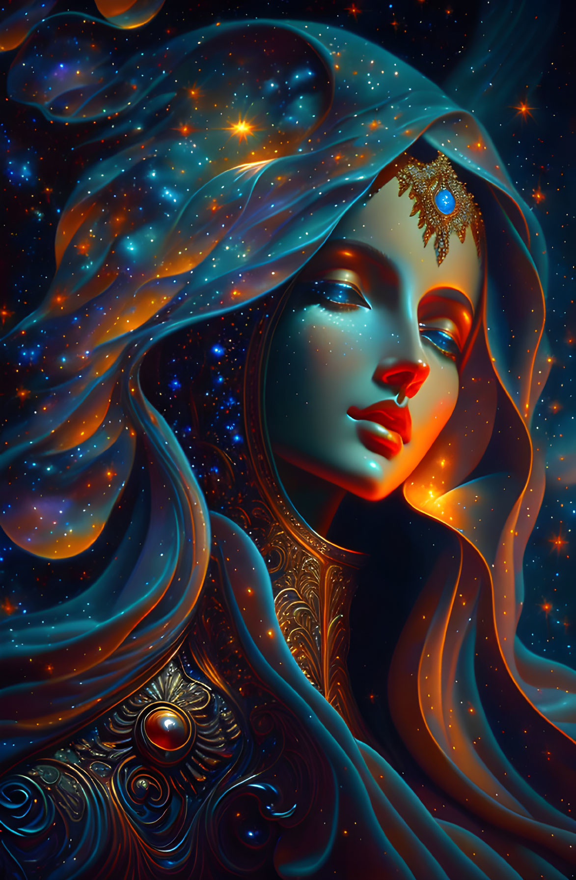 Digital Artwork: Woman merging with night sky, stars, nebula patterns, jewel on forehead