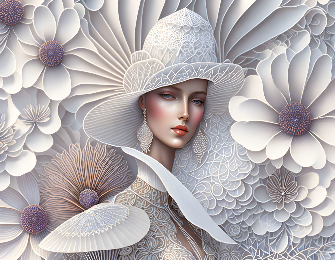 Illustration of woman in large brimmed hat with stylized white and grey flowers