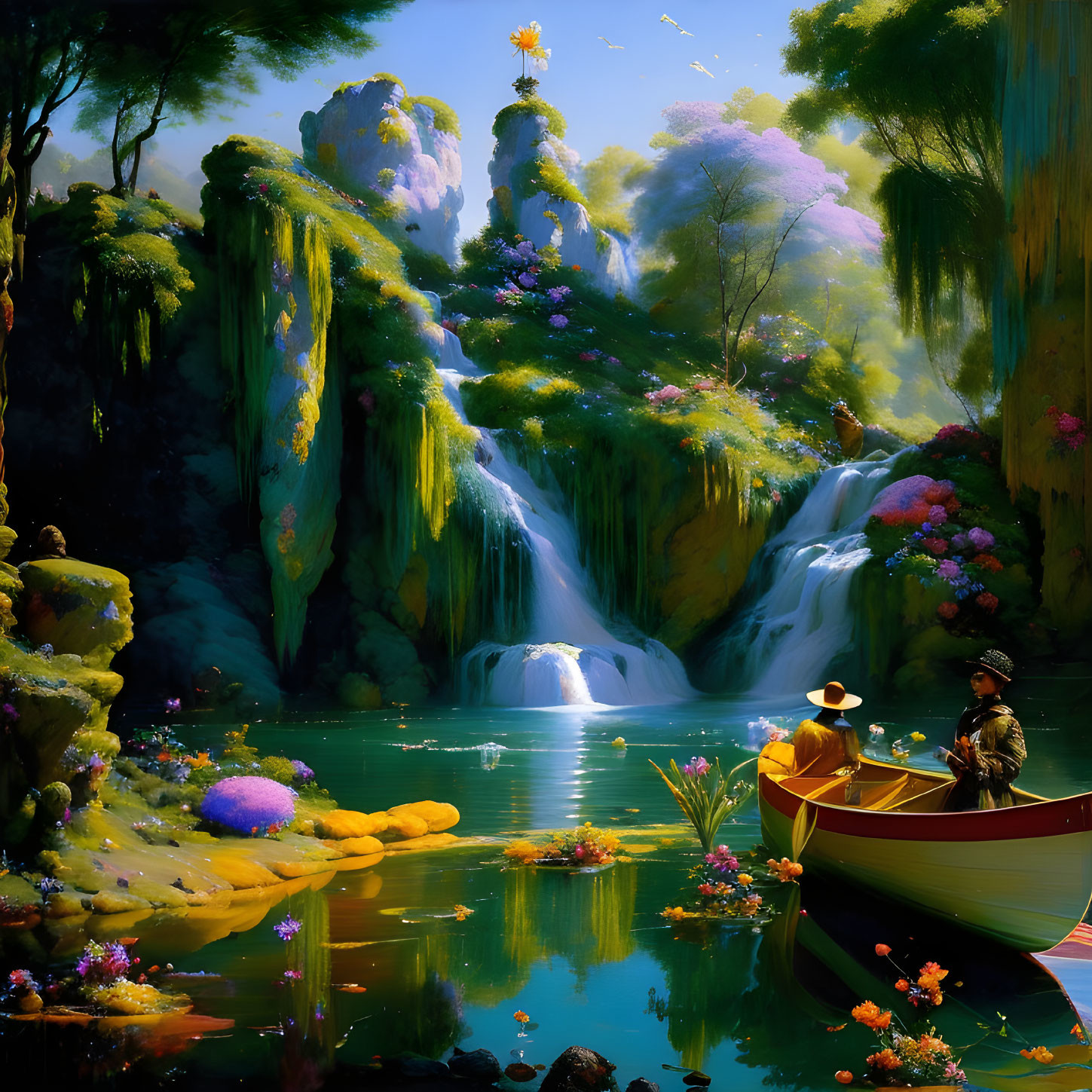 Couple in boat by lush waterfall and vibrant flora