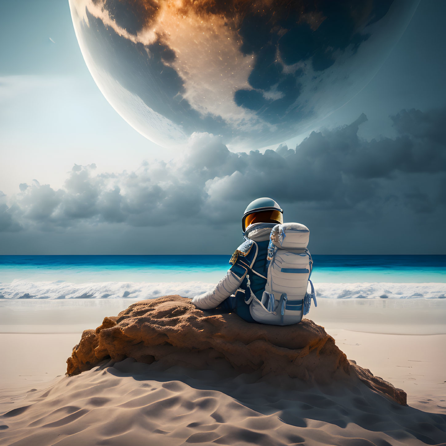 Astronaut on sandy beach gazes at large planet in sky