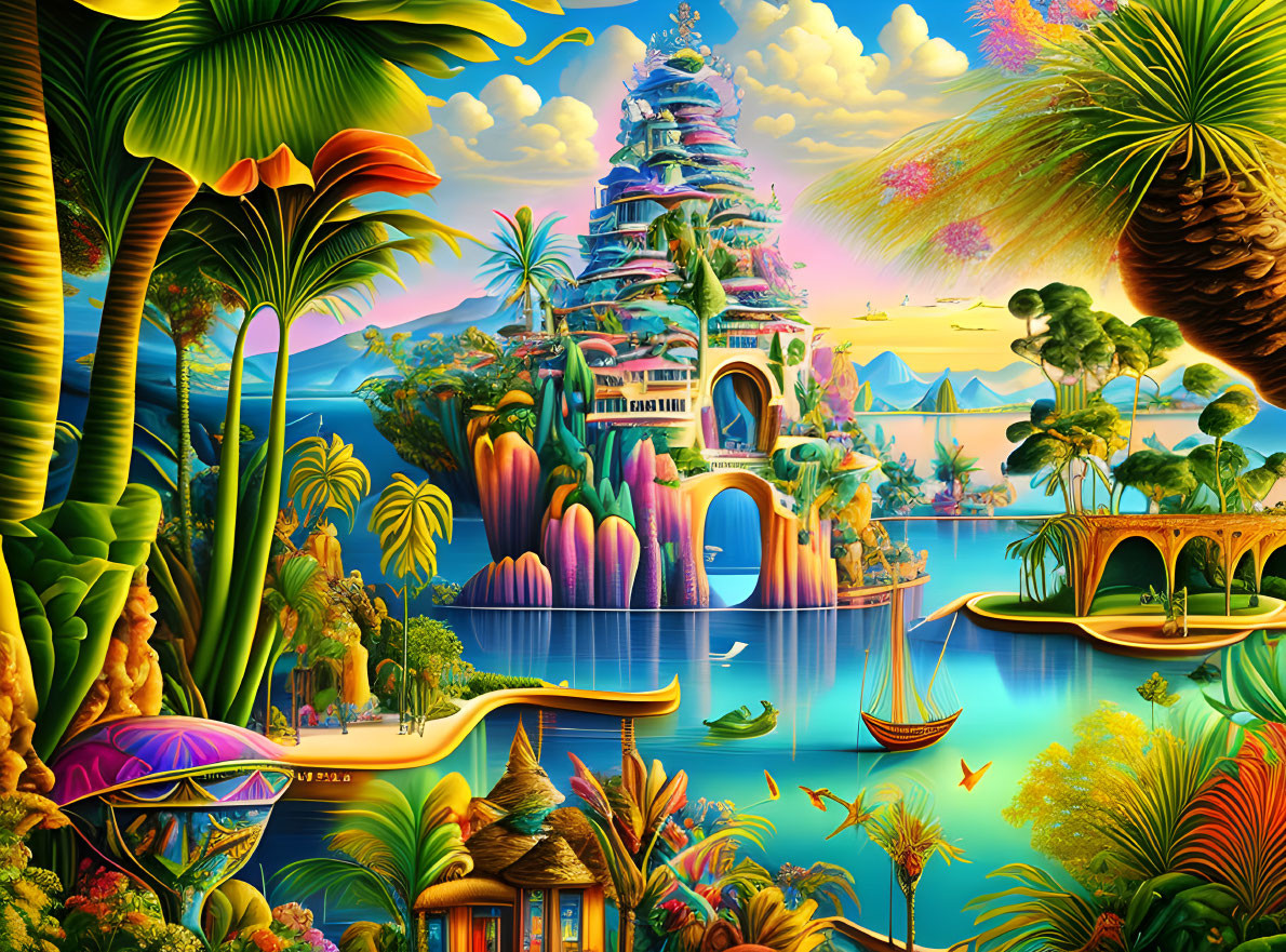 Fantasy landscape with pagoda, tropical flora, waterfalls, boats, and whimsical architecture at