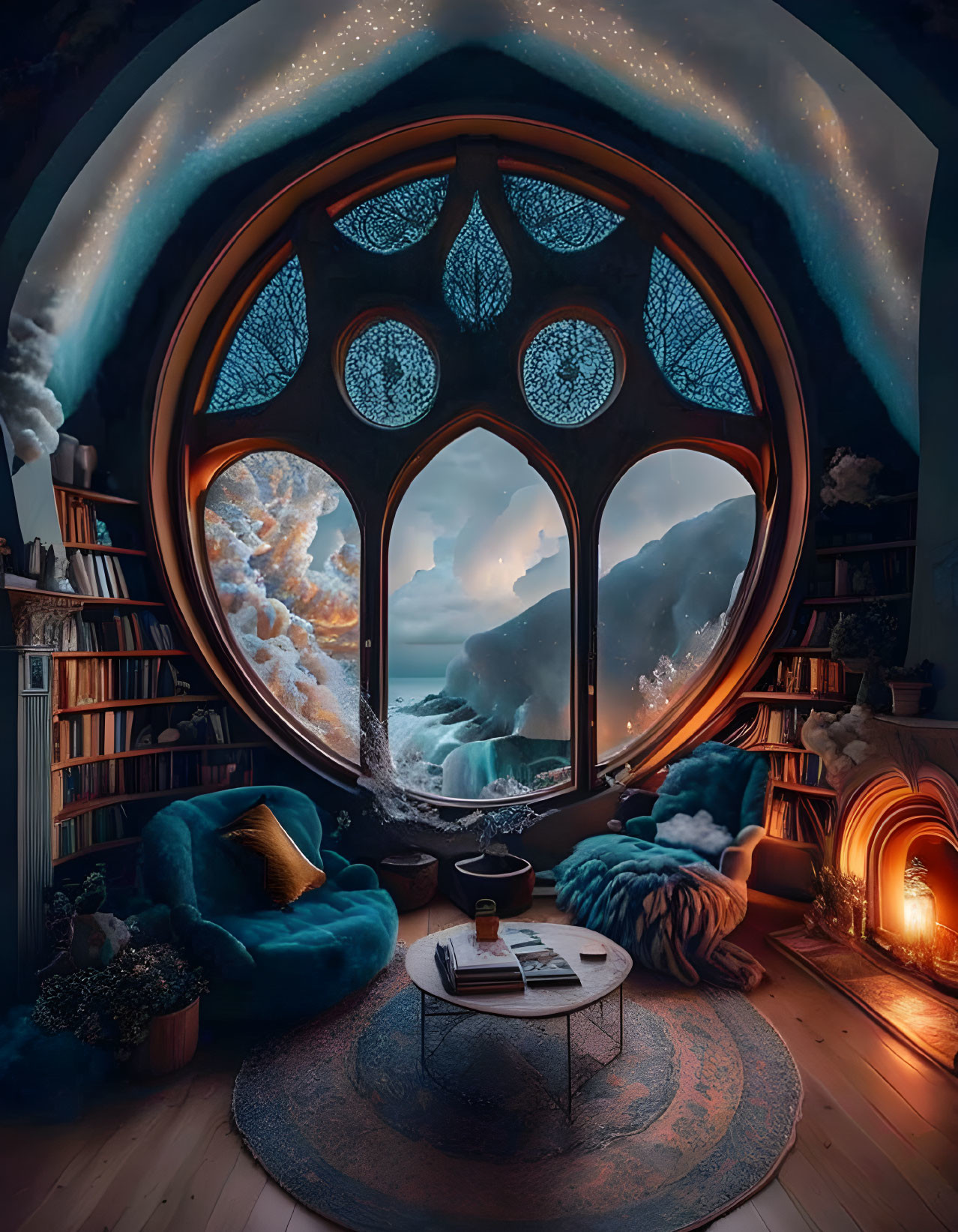 Ornate window view of mystical landscape in cozy room