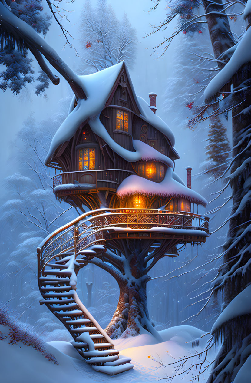 Whimsical multi-level treehouse in snowy forest at twilight