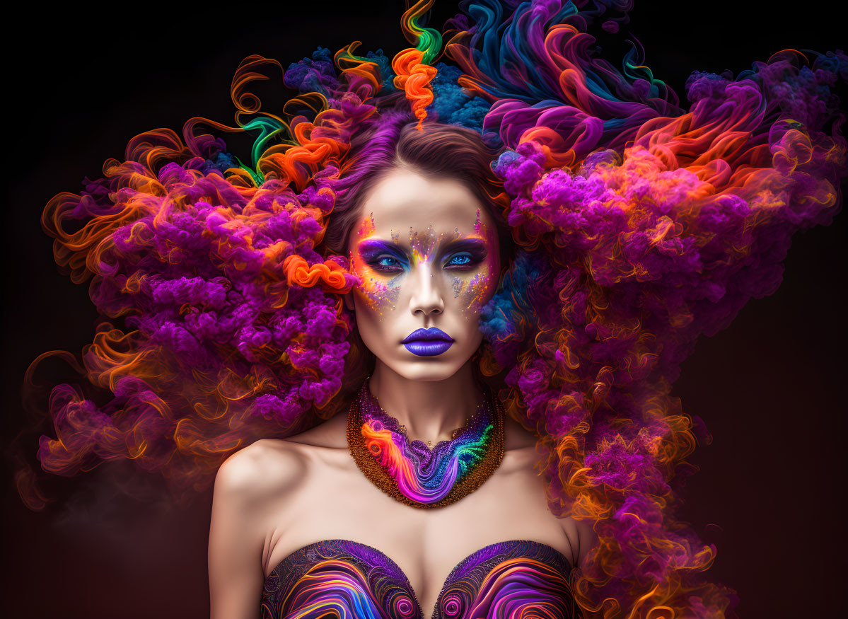 Vibrant body paint and makeup woman in colorful smoke explosion