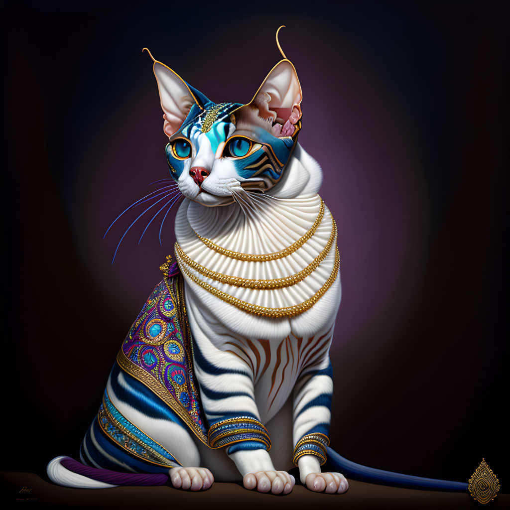 Majestic cat digital artwork with Egyptian theme and intricate gold jewelry