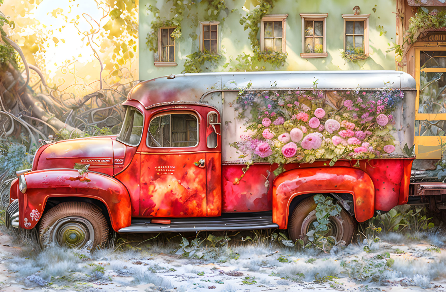 Vintage Red Truck with Flower Decals Parked by Quaint House